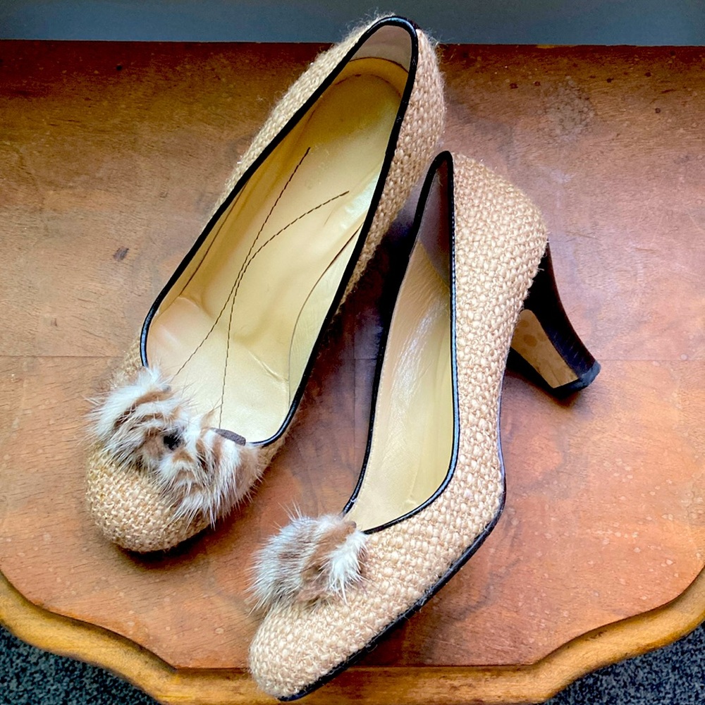 MOVING SALE!! KATE SPADE Retro Tweed Fur Embellished Heels, Made in Italy, 7